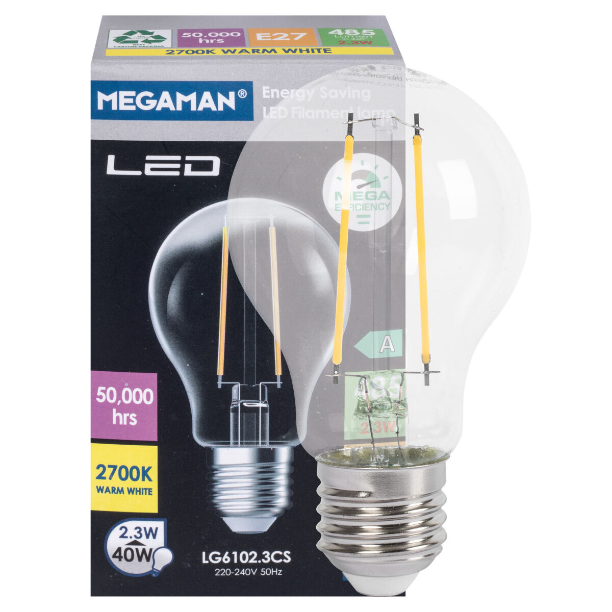 LED-Filament-Lampe MEGA-EFFICIENCY AGL-Form klar E27 2700K 2,3W
