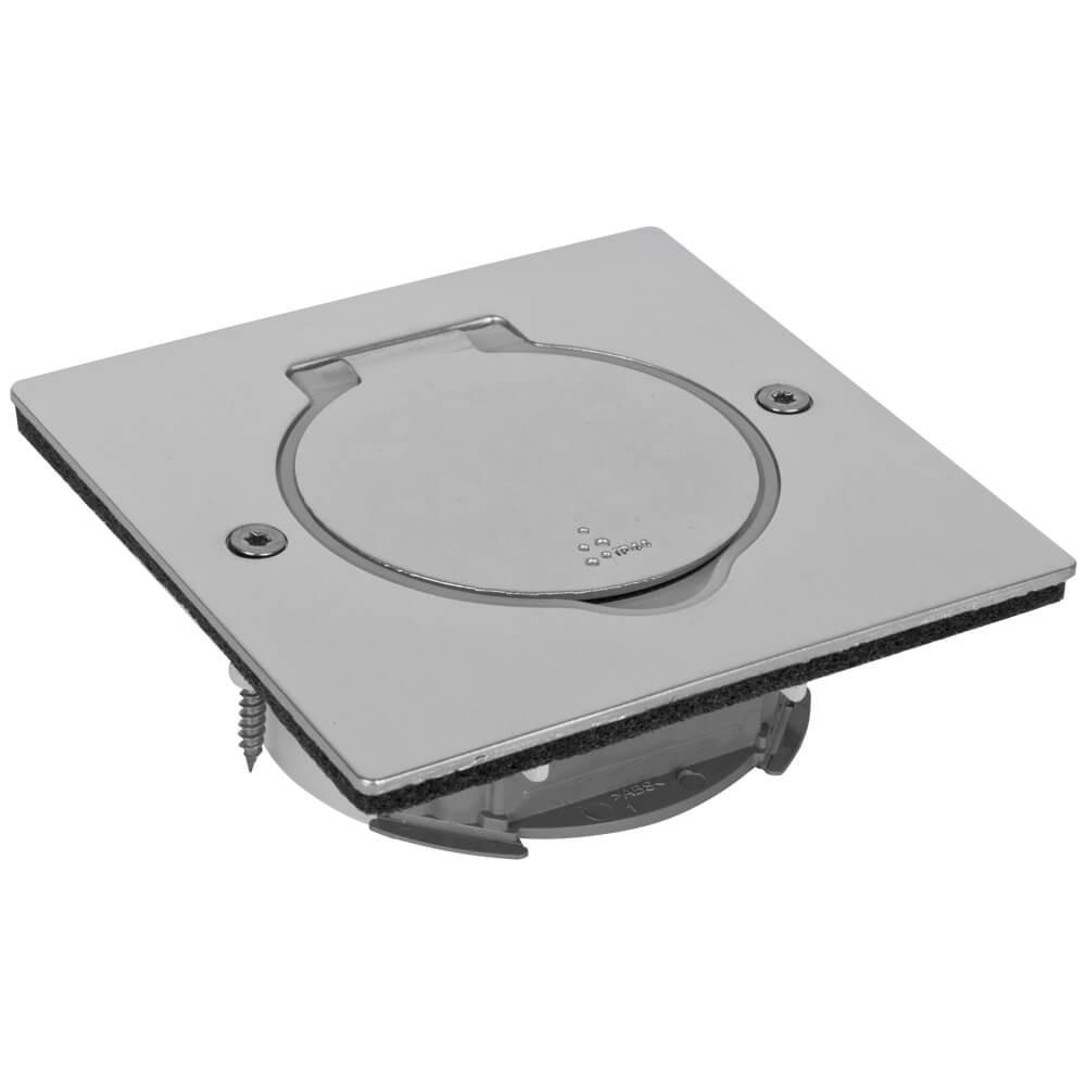 Boden- und Wandeinbaudose PLATINUM mit Federklappdeckel mit beleuchtbarem Kunststoffring für Module 45 x 45 Boden- und Wandeinbaudose PLATINUM mit Federklappdeckel mit beleuchtbarem Kunststoffring für Module 45 x 45