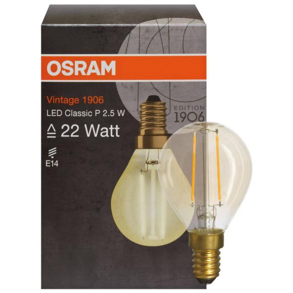 LED-Filament-Lampe VINTAGE 1906 Tropfen-Form, gold E14/2,5W (22W), 650 lm 2500K LED-Filament-Lampe VINTAGE 1906 Tropfen-Form, gold E14/2,5W (22W), 650 lm 2500K