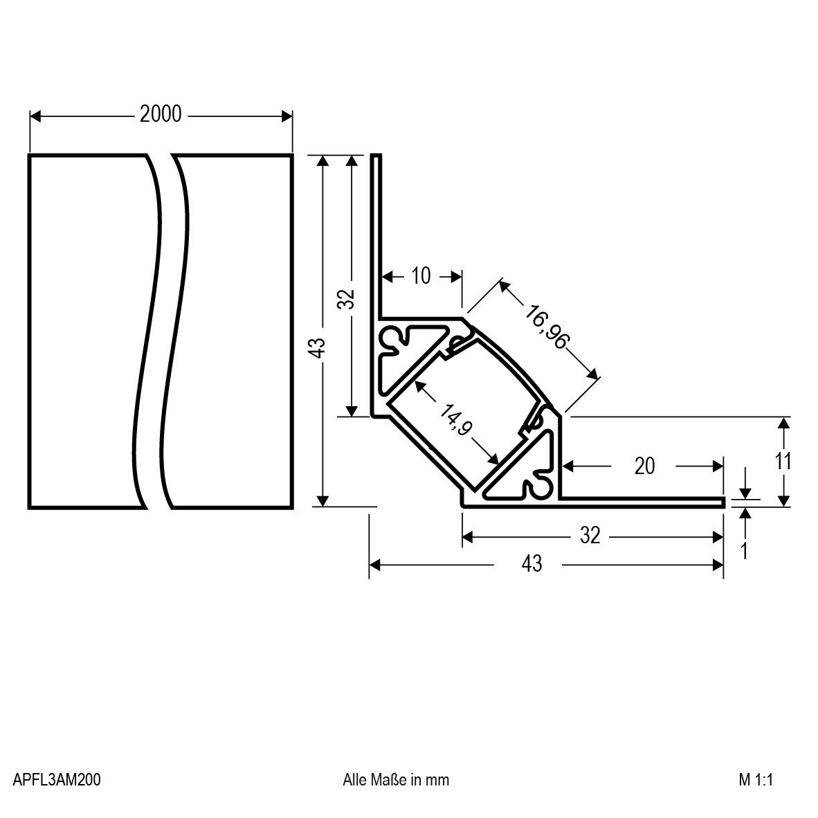 Alu-Profil m. Abdeckung APFL3AM200