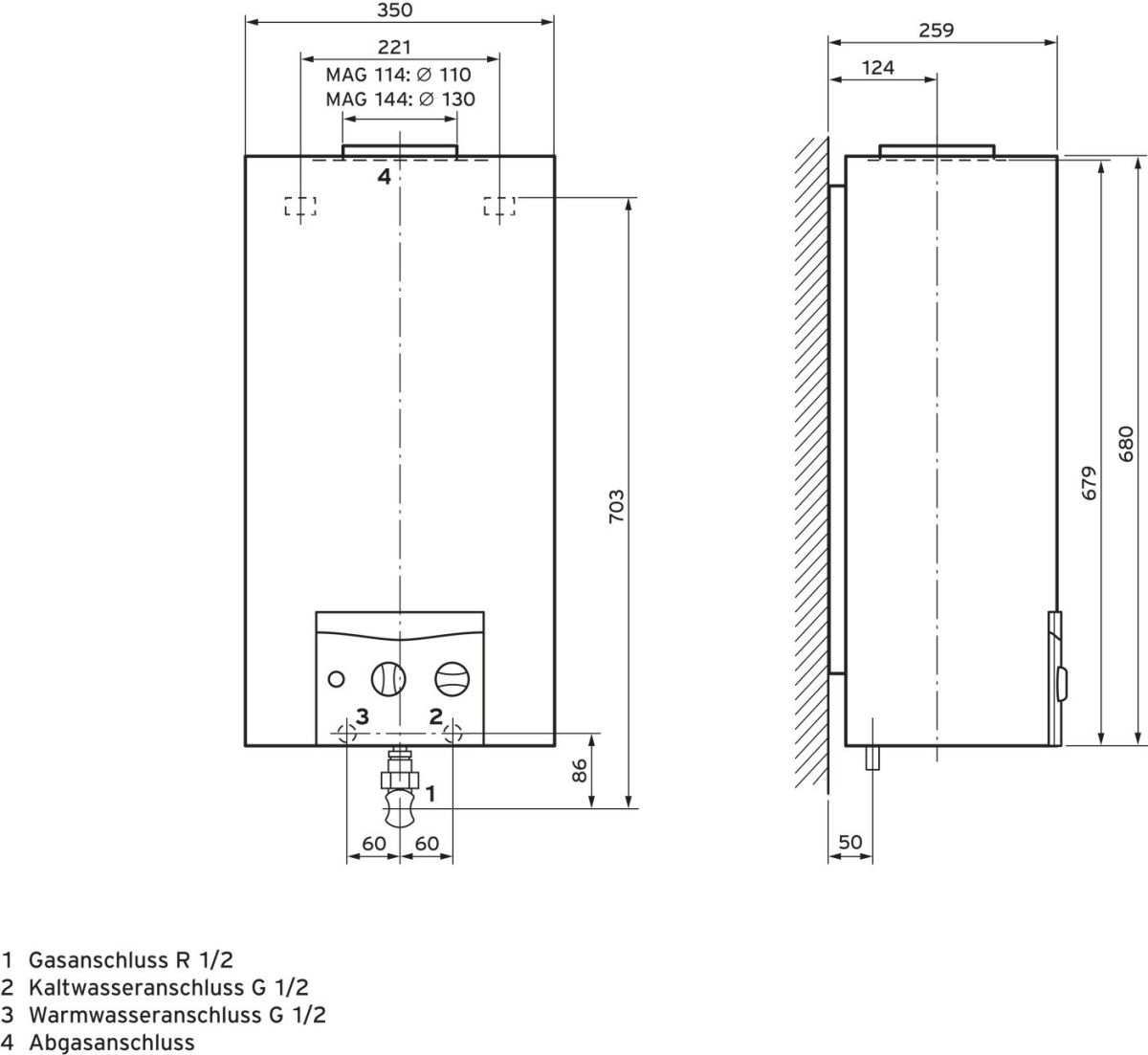 Gas-Durchlaufwasserhitzer MAG 114/1 I E-Gas